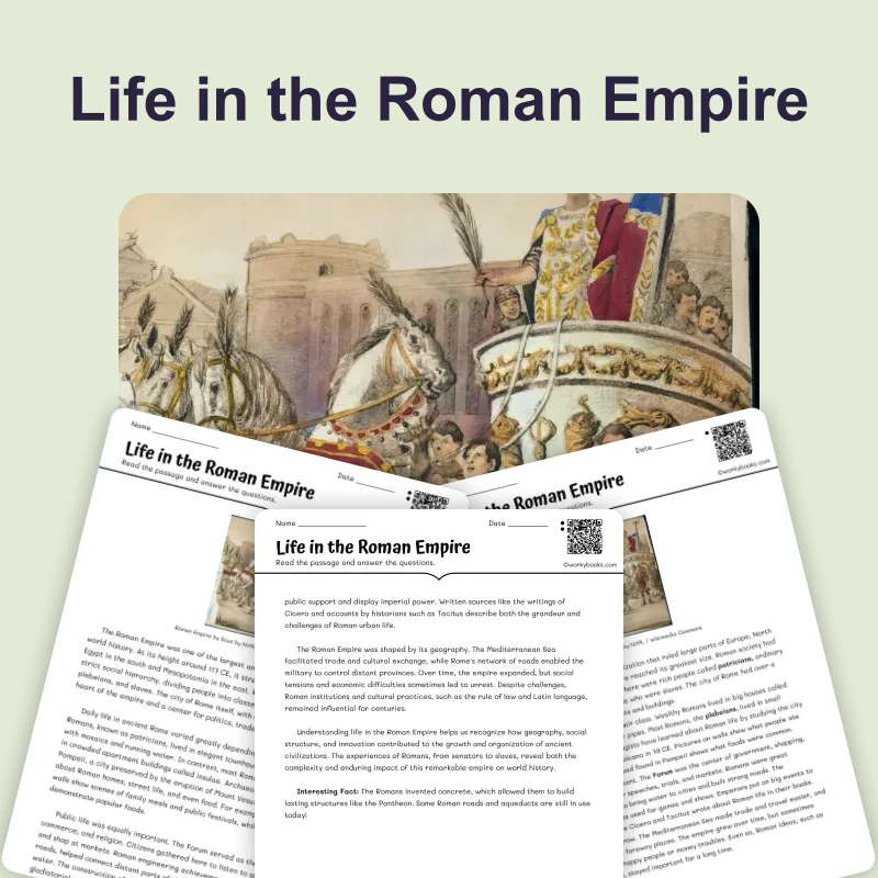 Life in the Roman Empire — reading — reading comprehension for Grade 5, Grade 6, Grade 7, Grade 8, page 1 of 4