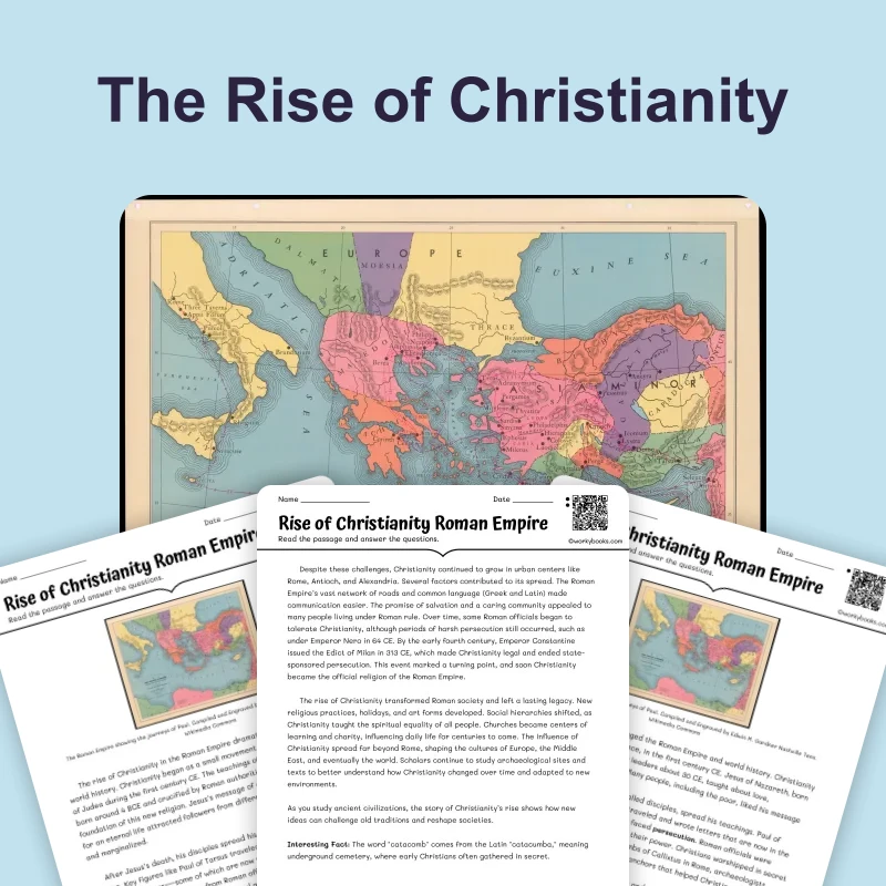 Rise of Christianity in Rome — reading — reading comprehension for Grade 5, Grade 6, Grade 7, Grade 8, page 1 of 4