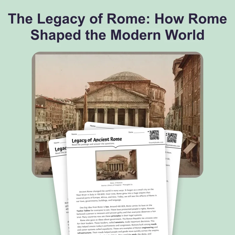 Legacy of Ancient Rome — reading — reading comprehension for Grade 5, Grade 6, Grade 7, Grade 8, page 1 of 4