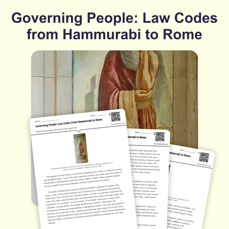 Ancient Law Codes — reading — reading comprehension for Grade 5, Grade 6, Grade 7, Grade 8, page 1 of 4
