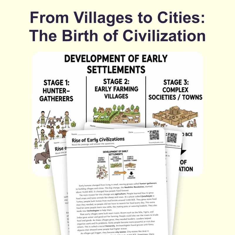 Villages to Cities — reading — reading comprehension for Grade 5, Grade 6, Grade 7, Grade 8, page 1 of 4