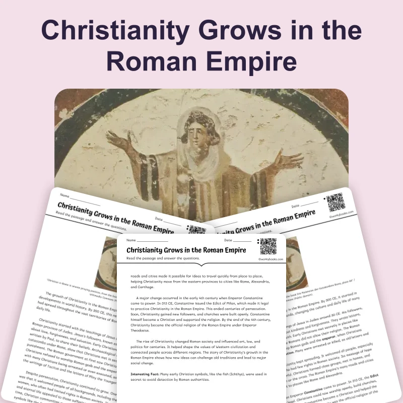 Christianity in the Roman Empire — reading — reading comprehension for Grade 5, Grade 6, Grade 7, Grade 8, page 1 of 4