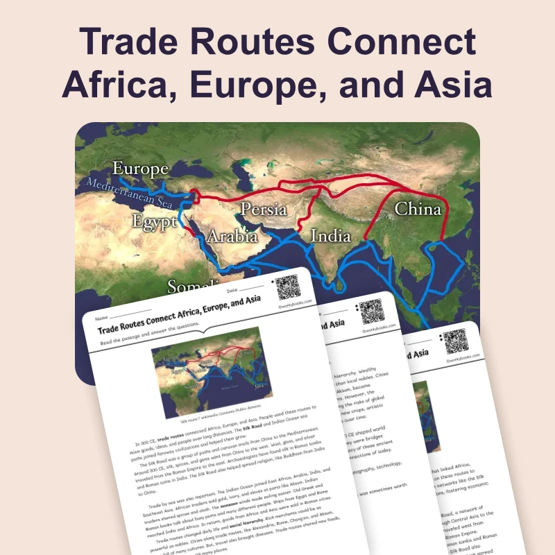 Trade Routes 300 CE — reading — reading comprehension for Grade 5, Grade 6, Grade 7, Grade 8, page 1 of 4