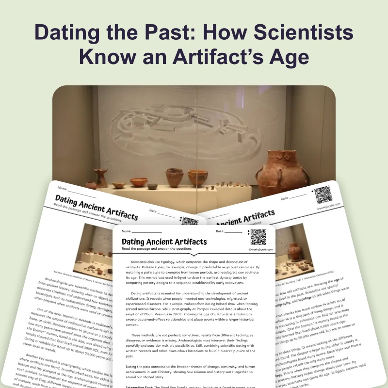 Dating Ancient Artifacts — reading — reading comprehension for Grade 5, Grade 6, Grade 7, Grade 8, page 1 of 4