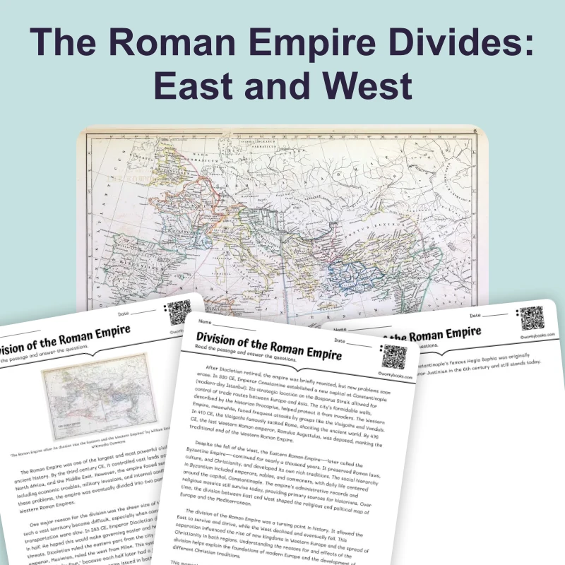 Division of the Roman Empire — reading — reading comprehension for Grade 5, Grade 6, Grade 7, Grade 8, page 1 of 4