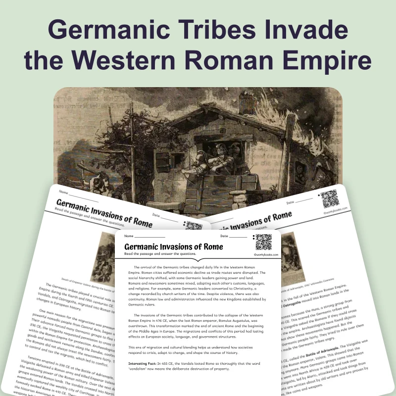 Germanic Invasions of Rome — reading — reading comprehension for Grade 5, Grade 6, Grade 7, Grade 8, page 1 of 4
