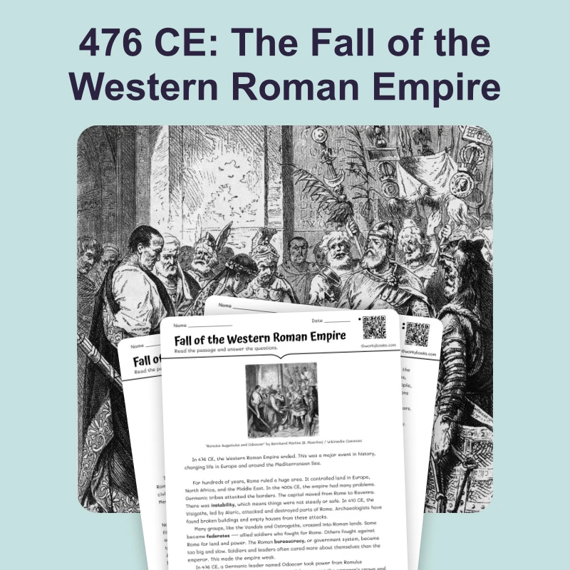 Fall of the Western Roman Empire — reading — reading comprehension for Grade 5, Grade 6, Grade 7, Grade 8, page 1 of 4