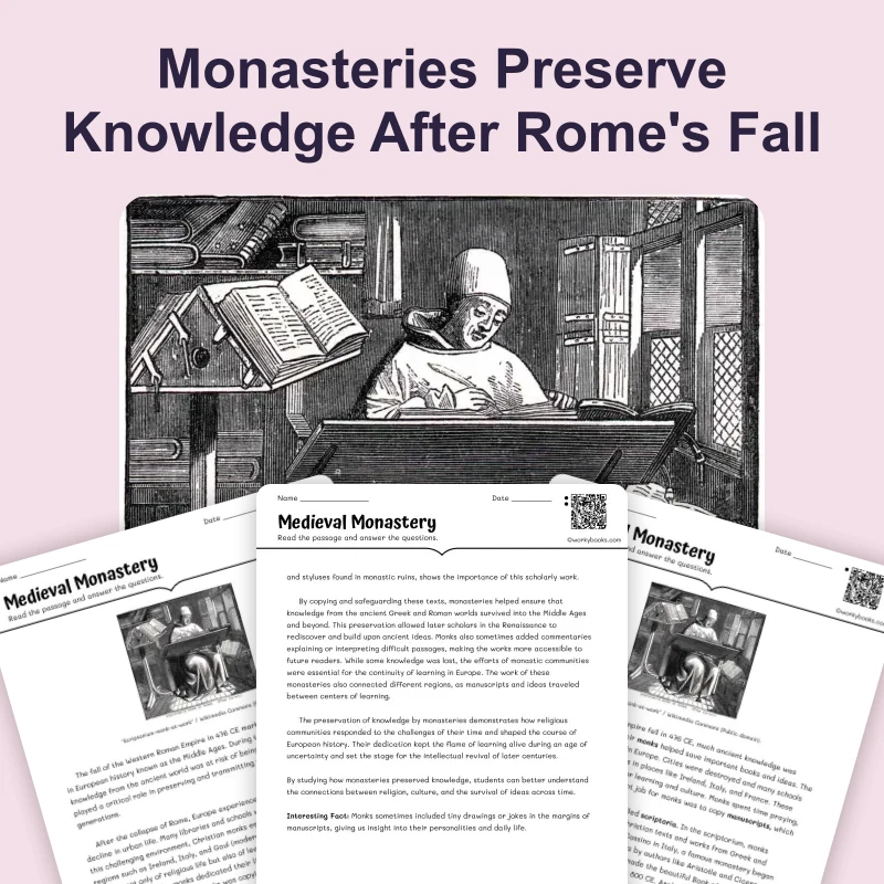 Medieval Monastery — reading — reading comprehension for Grade 5, Grade 6, Grade 7, Grade 8, page 1 of 4