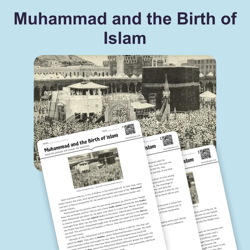 Muhammad and the Birth of Islam — reading — reading comprehension for Grade 5, Grade 6, Grade 7, Grade 8, page 1 of 4