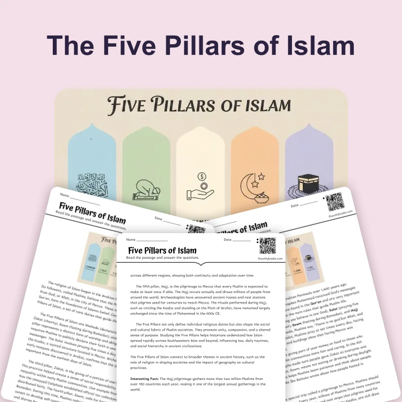 The Five Pillars of Islam — reading — reading comprehension for Grade 5, Grade 6, Grade 7, Grade 8, page 1 of 4