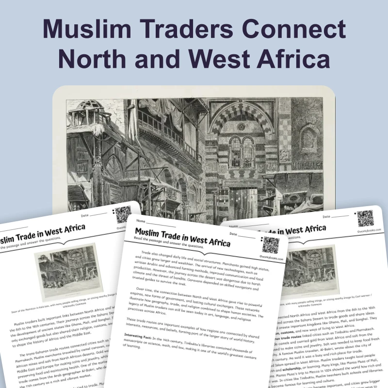 Muslim Trade in West Africa — reading — reading comprehension for Grade 5, Grade 6, Grade 7, Grade 8, page 1 of 4