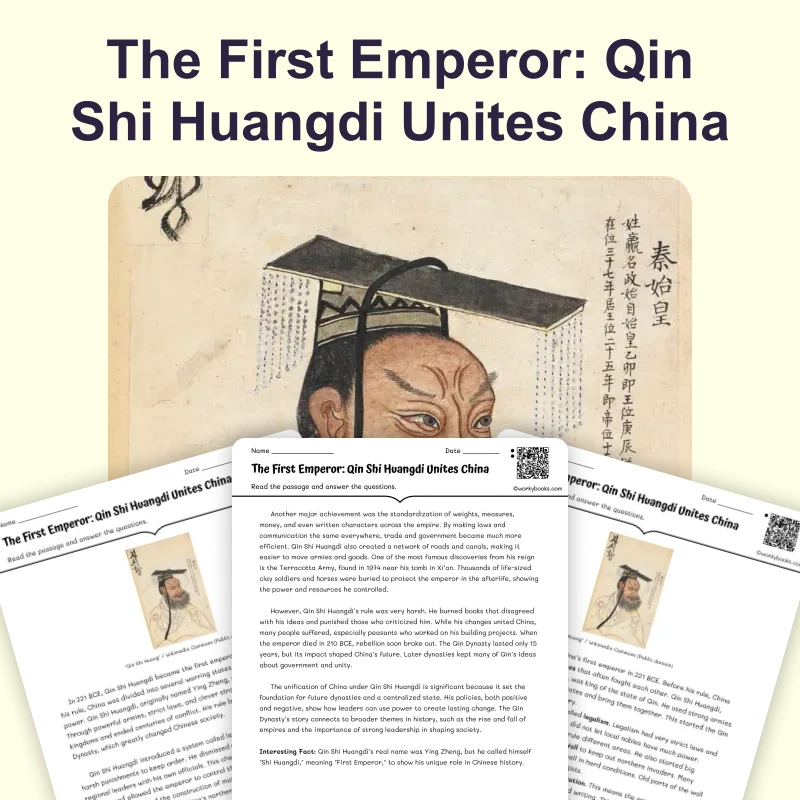 The First Emperor: Qin Shi Huangdi Unites China — reading — reading comprehension for Grade 5, Grade 6, Grade 7, Grade 8, page 1 of 4