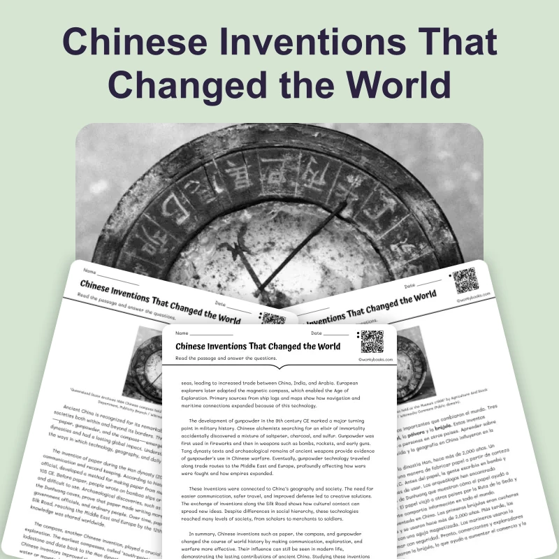 Chinese Inventions — reading — reading comprehension for Grade 5, Grade 6, Grade 7, Grade 8, page 1 of 4