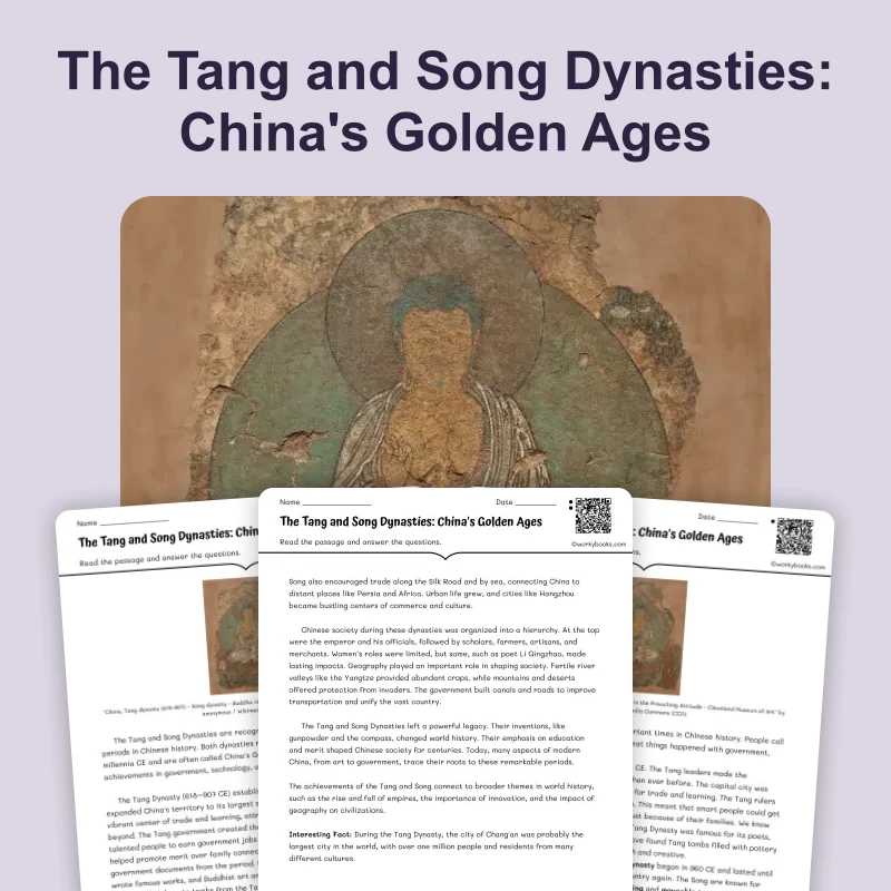The Tang and Song Dynasties: China's Golden Ages — reading — reading comprehension for Grade 5, Grade 6, Grade 7, Grade 8, page 1 of 4