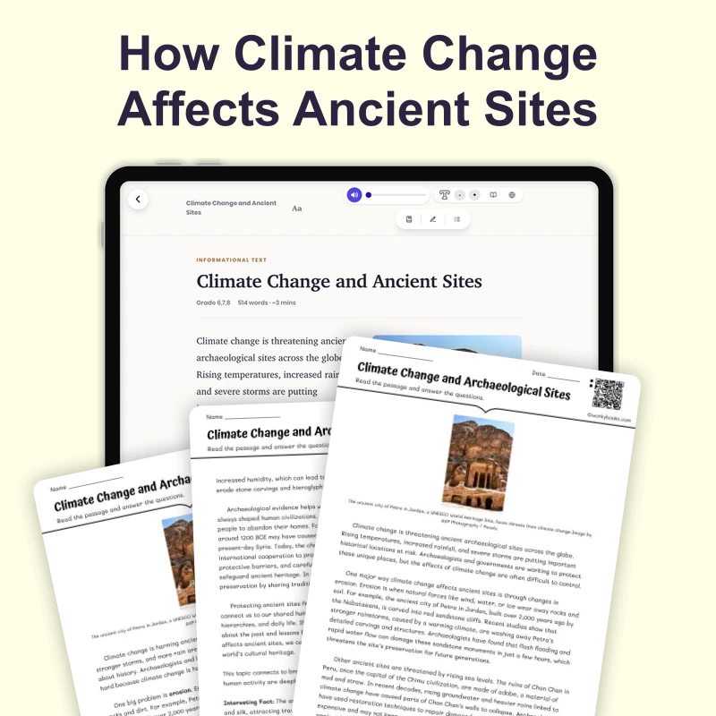Climate Change and Ancient Sites — reading — reading comprehension for Grade 5, Grade 6, Grade 7, Grade 8, page 1 of 4