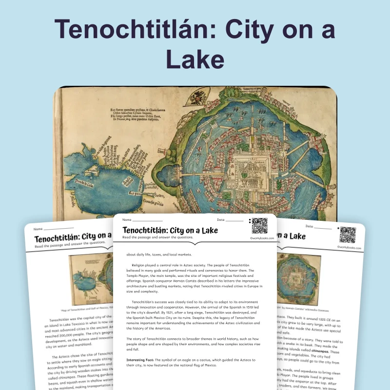 Tenochtitlán: City on a Lake — reading — reading comprehension for Grade 5, Grade 6, Grade 7, Grade 8, page 1 of 4