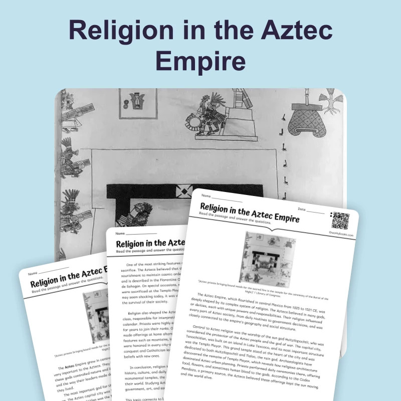 Religion in the Aztec Empire — reading — reading comprehension for Grade 5, Grade 6, Grade 7, Grade 8, page 1 of 4