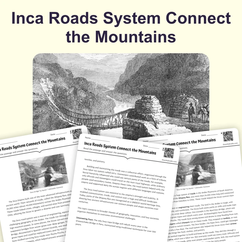 Inca Roads System Connect the Mountains — reading — reading comprehension for Grade 5, Grade 6, Grade 7, Grade 8, page 1 of 4