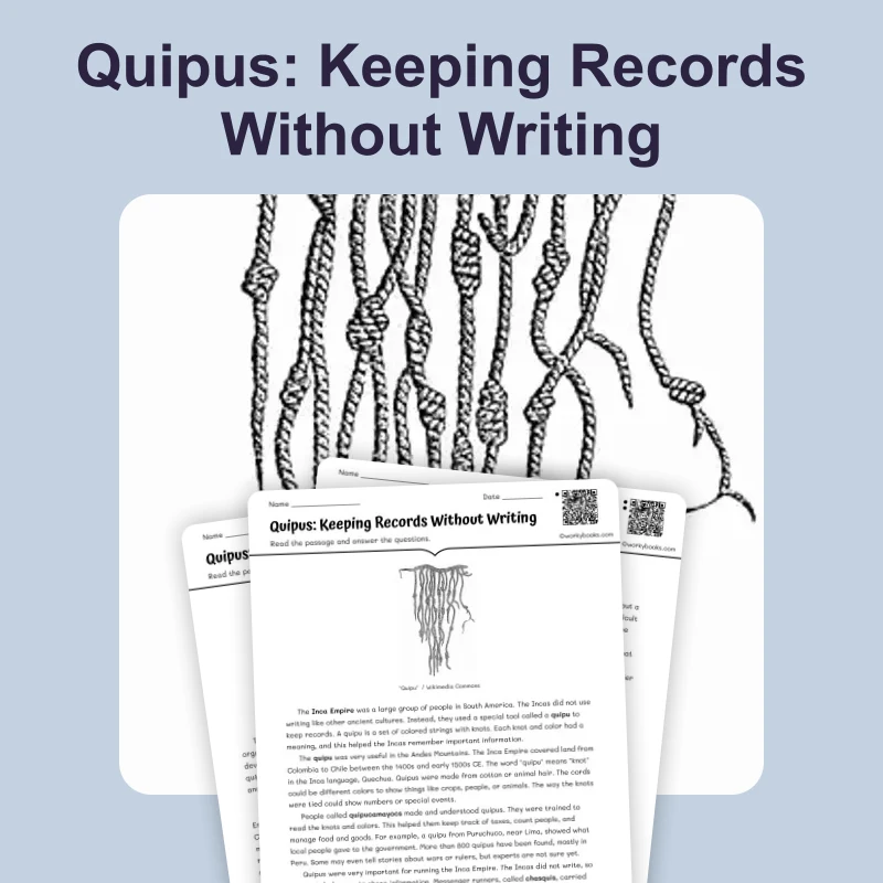 Quipus: Keeping Records Without Writing — reading — reading comprehension for Grade 5, Grade 6, Grade 7, Grade 8, page 1 of 4
