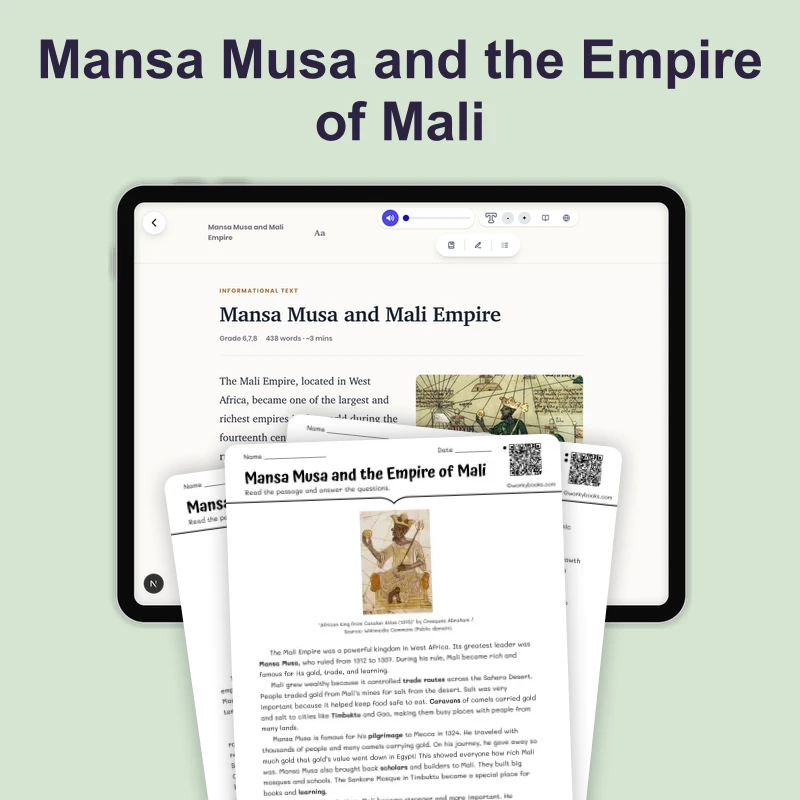 Mansa Musa and Mali Empire — reading — reading comprehension for Grade 5, Grade 6, Grade 7, Grade 8, page 1 of 4