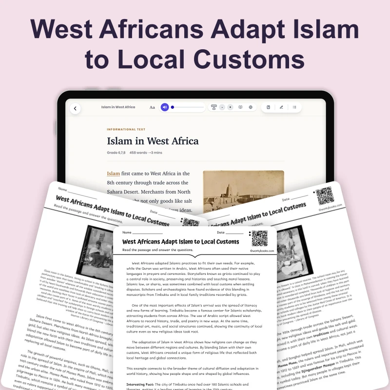 Islam in West Africa — reading — reading comprehension for Grade 5, Grade 6, Grade 7, Grade 8, page 1 of 4