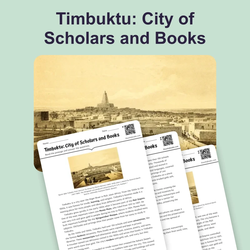Timbuktu: City of Scholars and Books — reading — reading comprehension for Grade 5, Grade 6, Grade 7, Grade 8, page 1 of 4