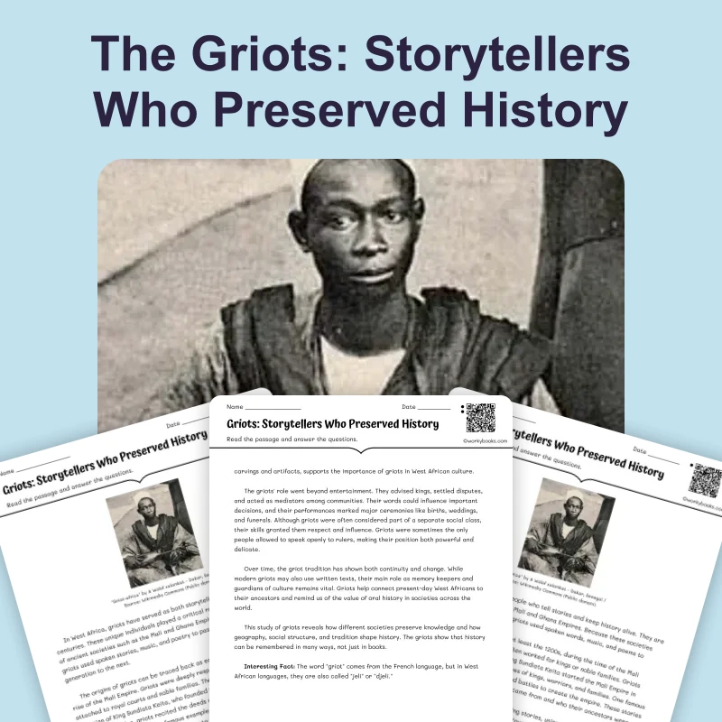 Griots West Africa — reading — reading comprehension for Grade 5, Grade 6, Grade 7, Grade 8, page 1 of 4