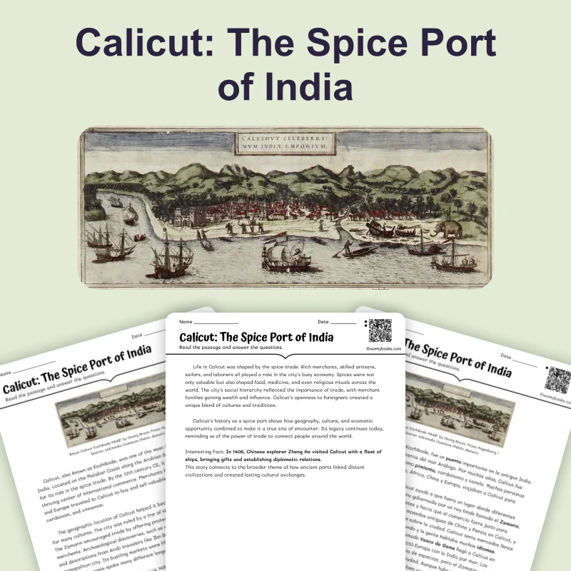 Calicut: The Spice Port of India — reading — reading comprehension for Grade 5, Grade 6, Grade 7, Grade 8, page 1 of 4