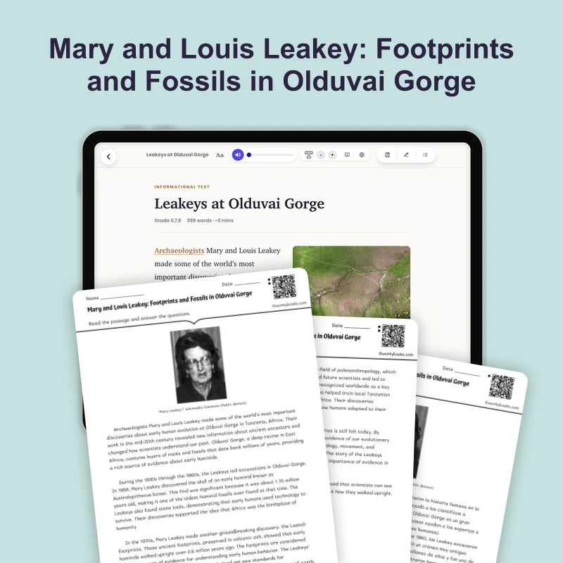 Leakeys at Olduvai Gorge — reading — reading comprehension for Grade 5, Grade 6, Grade 7, Grade 8, page 1 of 4