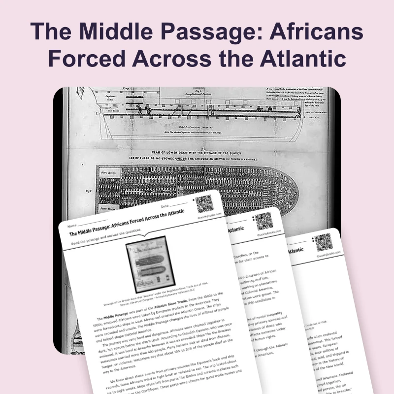 The Middle Passage: Africans Forced Across the Atlantic — reading — reading comprehension for Grade 5, Grade 6, Grade 7, Grade 8, page 1 of 4