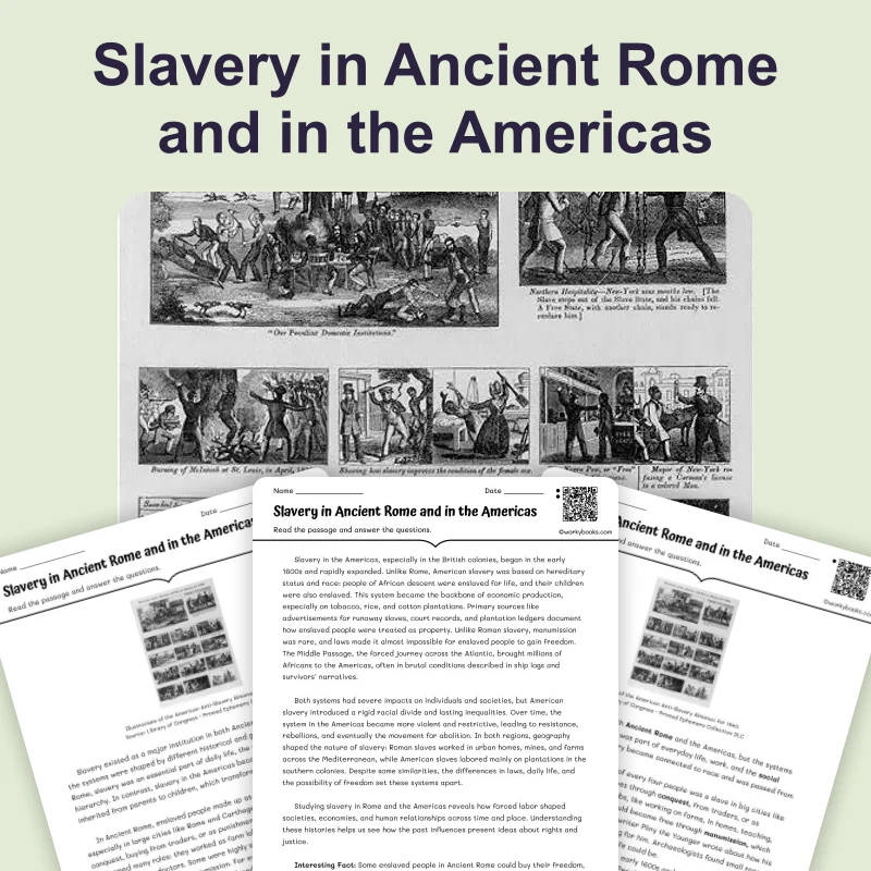 Comparing Roman and American Slavery — reading — reading comprehension for Grade 5, Grade 6, Grade 7, Grade 8, page 1 of 4