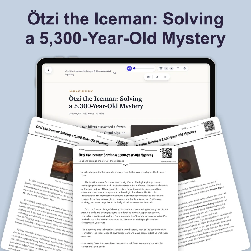 Ötzi the Iceman — reading — reading comprehension for Grade 5, Grade 6, Grade 7, Grade 8, page 1 of 4