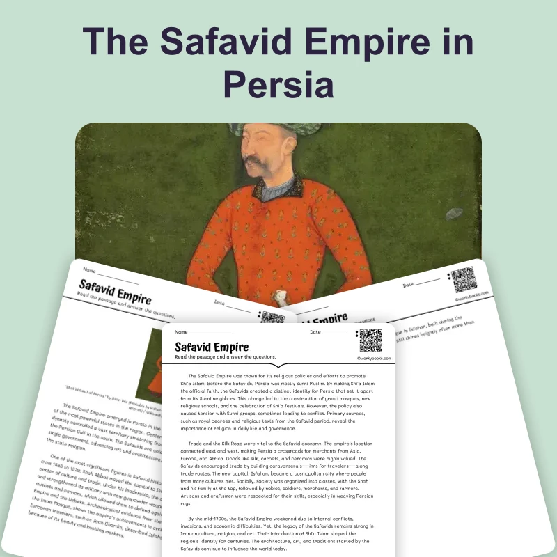 Safavid Empire of Persia — reading — reading comprehension for Grade 5, Grade 6, Grade 7, Grade 8, page 1 of 4