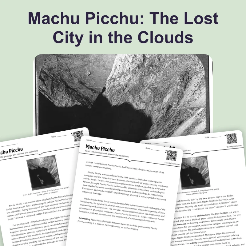 Machu Picchu — reading — reading comprehension for Grade 5, Grade 6, Grade 7, Grade 8, page 1 of 4