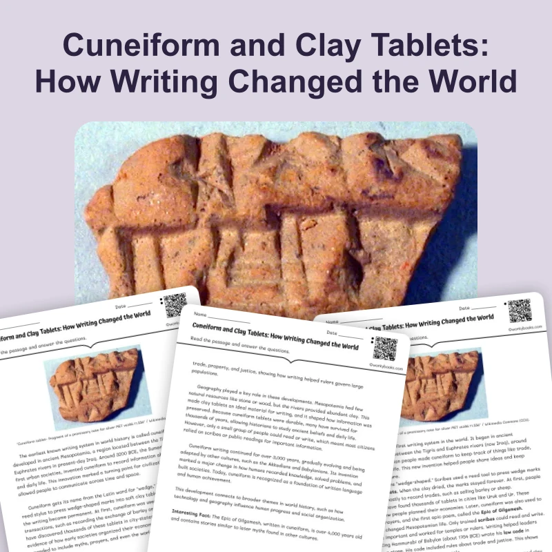 Cuneiform Writing — reading — reading comprehension for Grade 5, Grade 6, Grade 7, Grade 8, page 1 of 4