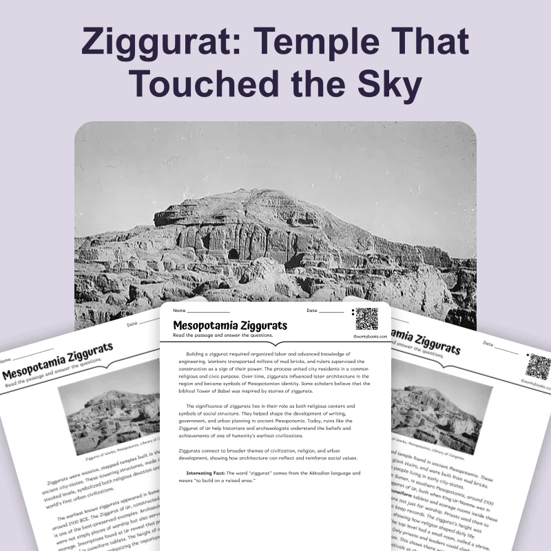 Mesopotamia Ziggurats — reading — reading comprehension for Grade 5, Grade 6, Grade 7, Grade 8, page 1 of 4