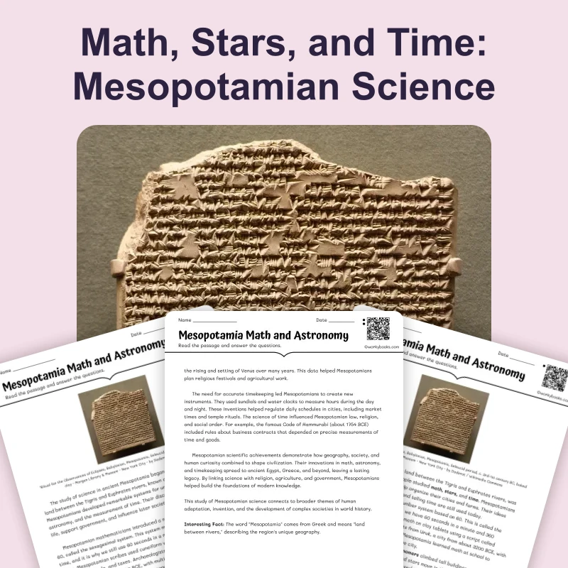 Mesopotamian Math and Astronomy — reading — reading comprehension for Grade 5, Grade 6, Grade 7, Grade 8, page 1 of 4