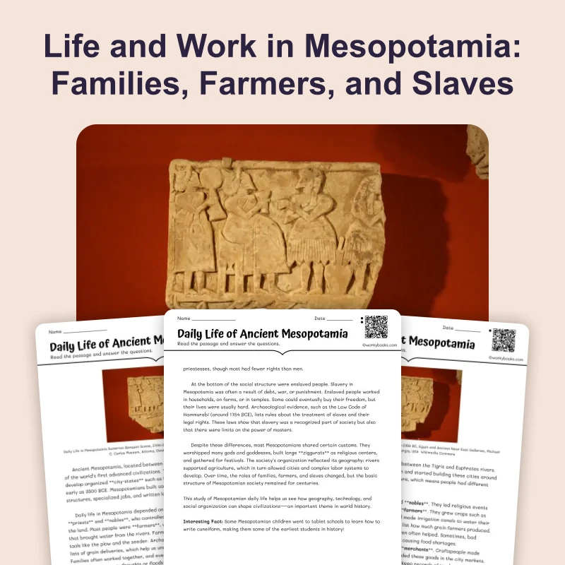 Life in Mesopotamia — reading — reading comprehension for Grade 5, Grade 6, Grade 7, Grade 8, page 1 of 4