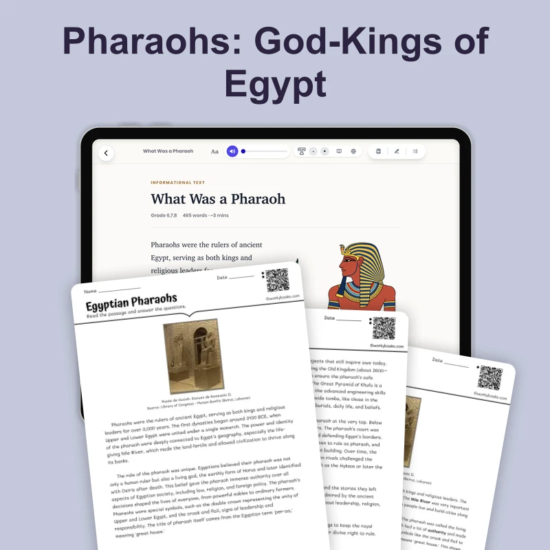 Egyptian Pharaohs — reading — reading comprehension for Grade 5, Grade 6, Grade 7, Grade 8, page 1 of 4