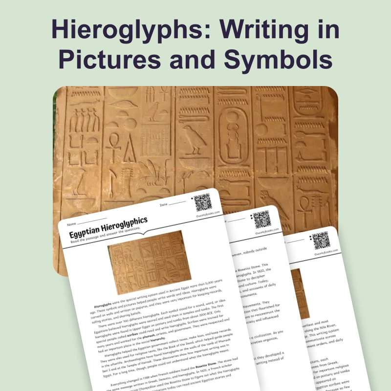 Egyptian Hieroglyphs — reading — reading comprehension for Grade 5, Grade 6, Grade 7, Grade 8, page 1 of 4