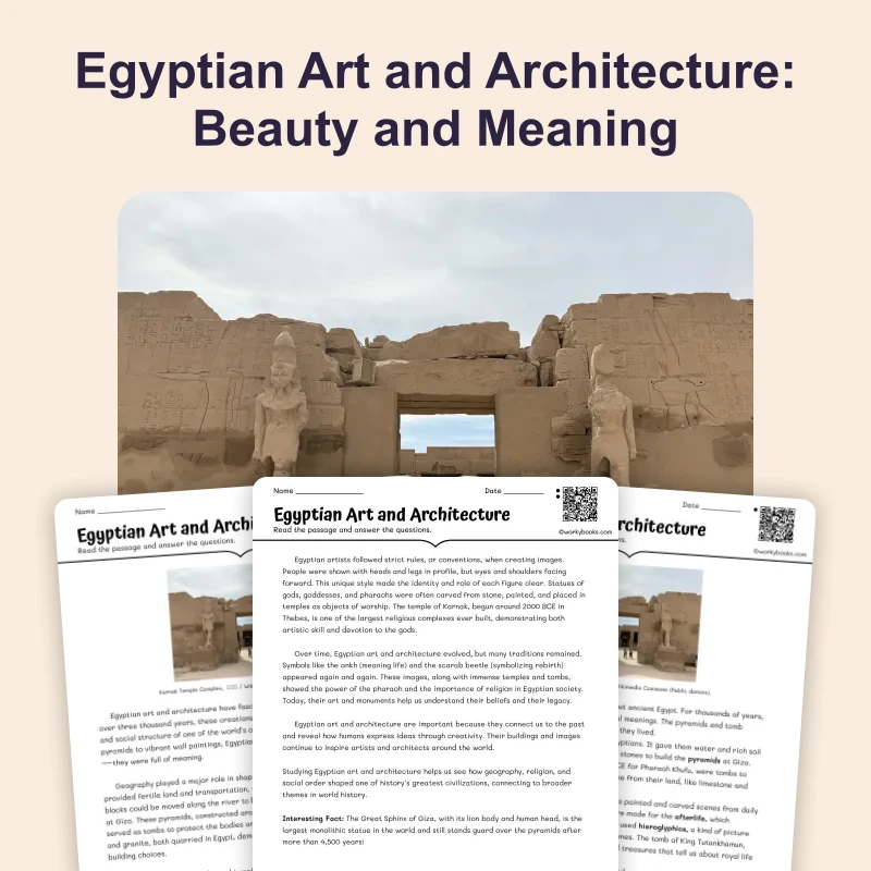 Art and Architecture in Ancient Egypt — reading — reading comprehension for Grade 5, Grade 6, Grade 7, Grade 8, page 1 of 4