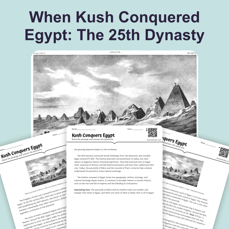 Kush Conquers Egypt — reading — reading comprehension for Grade 5, Grade 6, Grade 7, Grade 8, page 1 of 4