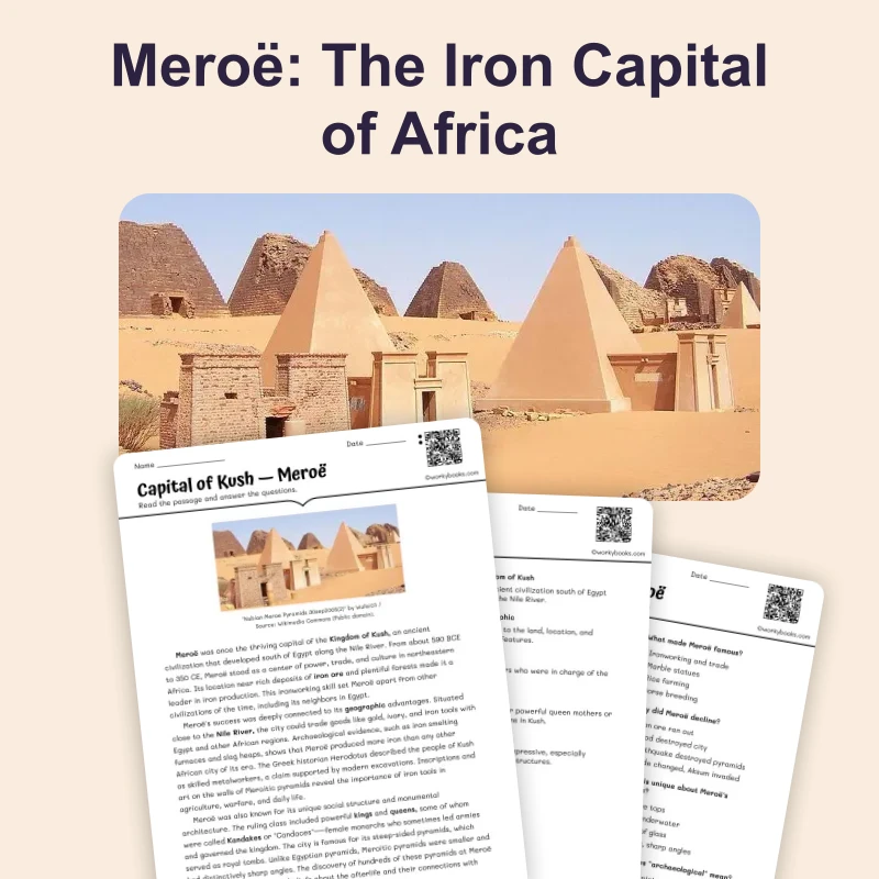 Meroë Capital of Ancient Kush — reading — reading comprehension for Grade 5, Grade 6, Grade 7, Grade 8, page 1 of 4