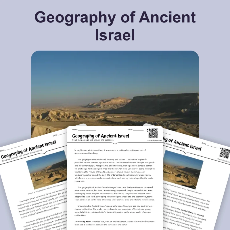 Geography of Ancient Israel — reading — reading comprehension for Grade 5, Grade 6, Grade 7, Grade 8, page 1 of 4