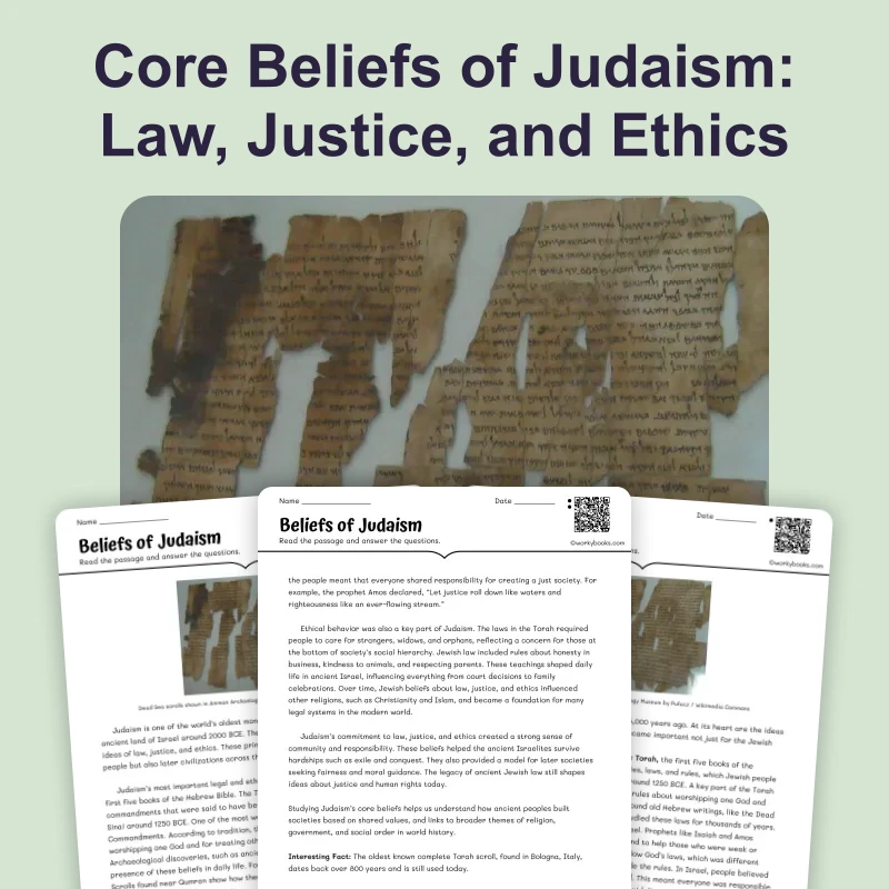 Judaism and Monotheism — reading — reading comprehension for Grade 5, Grade 6, Grade 7, Grade 8, page 1 of 4