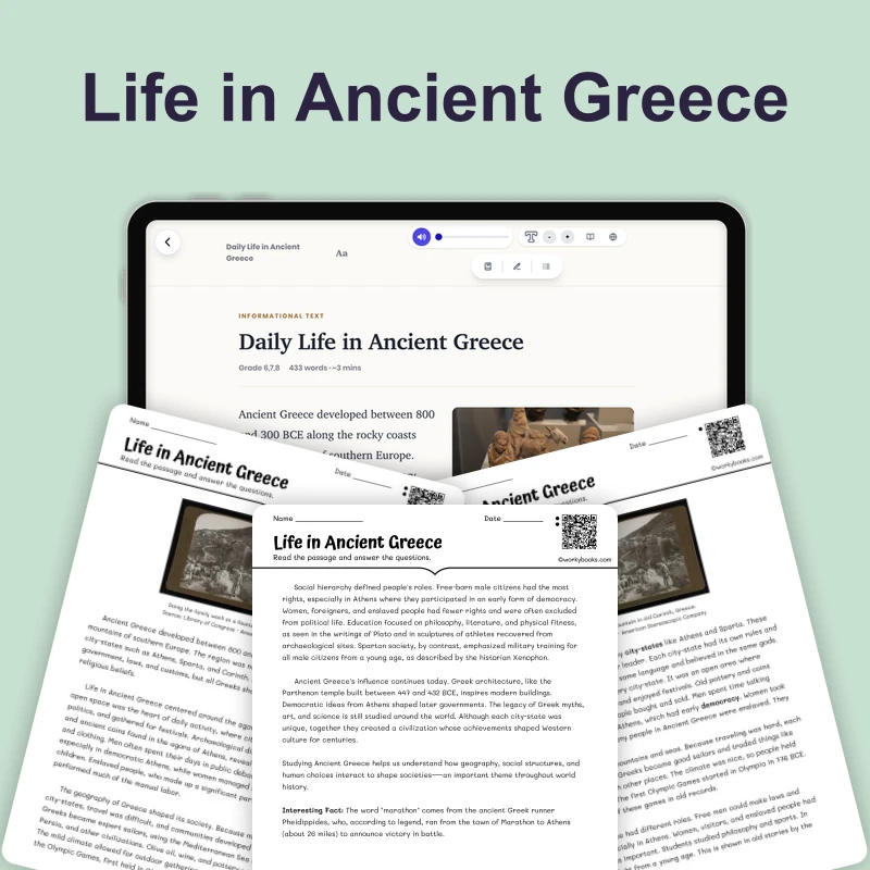 Daily Life in Ancient Greece — reading — reading comprehension for Grade 5, Grade 6, Grade 7, Grade 8, page 1 of 4