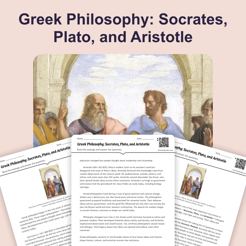 Greek Philosophers — reading — reading comprehension for Grade 5, Grade 6, Grade 7, Grade 8, page 1 of 4