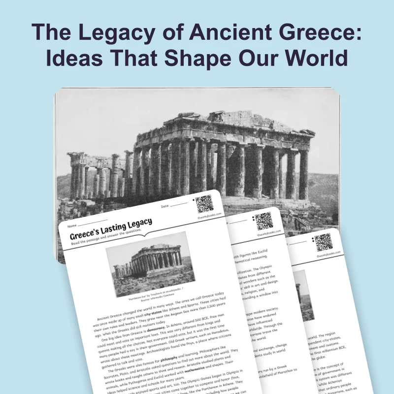 Legacy of Ancient Greece — reading — reading comprehension for Grade 5, Grade 6, Grade 7, Grade 8, page 1 of 4