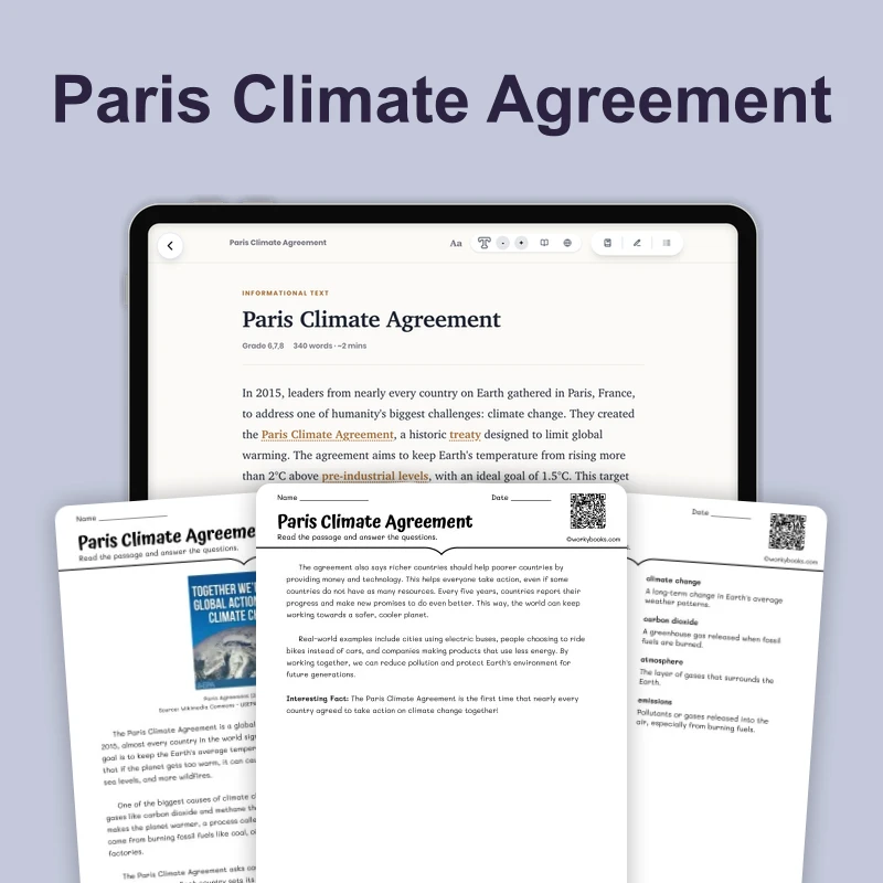 Paris Climate Agreement — science — reading comprehension for Grade 6, Grade 7, Grade 8, page 1 of 4