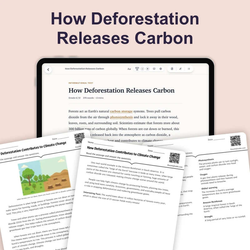 Deforestation and Climate Change — science — reading comprehension for Grade 6, Grade 7, Grade 8, page 1 of 4